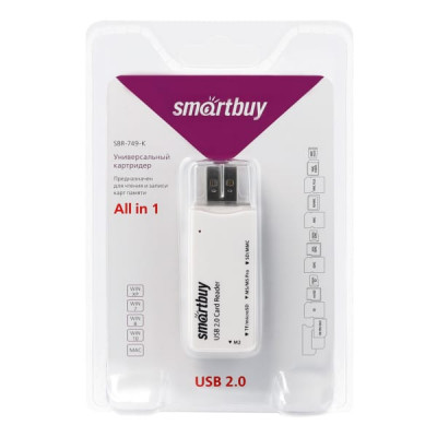 Картридер Smartbuy 749, USB 2.0 - SD/microSD/MS/M2, белый