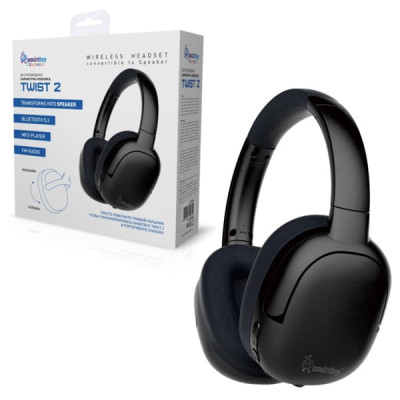Гарнитура-колонка беспроводная полноразмерная Bluetooth Smartbuy TWIST 2, черный. Ёмкость аккумулятора 1200 мАч/3.7 В. Время полной зарядки 3 ч. До 25 ч работы в режиме наушников и до 6 ч в режиме колонки. Мощность трансформированной колонки 6 Вт (2х3 Вт)