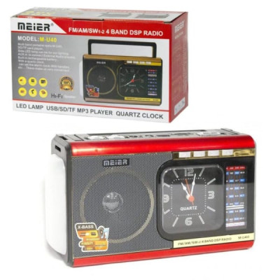 Радиоприемник портативный Meier M-40BT(M-U40) Red (FM/AM/SW1-2, USB, SD, TF, AUX, фонарик, часы, кабель питания от сети, возможно питание от 2хUM-1 (в к-т не вх)).