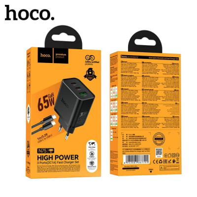 СЗУ-USB-2USB-C (Type-C)-Type-C HOCO N75 1м, 65W (PD20W+PD20W+QC3.015W), Black