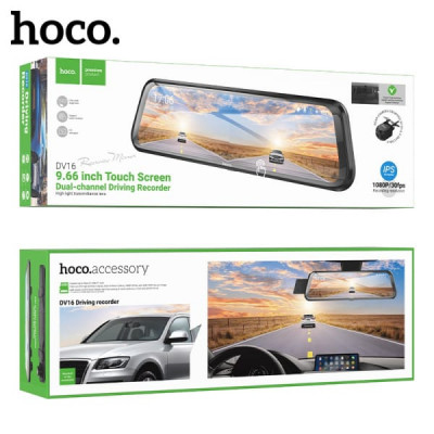 Видеорегистратор + зеркало с камерой заднего вида HOCO DV16 Black. 9,66-дюймовый IPS-дисплей, разрешение экрана 480х1920. Разрешение видео: 1080P при 30 кадрах в секунду + заднее 720P при 30 кадрах в секунду. Разрешение фото: 4032х3024 (12 Мп). Емкость ак