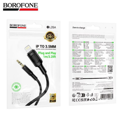 Аудио переходник Lightning(AM)-Jack3,5(AM) BOROFONE BL25A 1м, ПВХ, Black