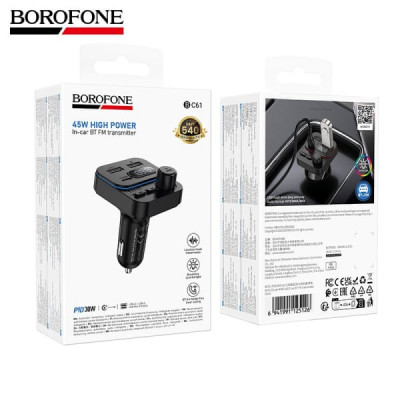 FM-Модулятор BOROFONE BC61 Ocean 45W (1USB-A, 1USB-C) BT. Выход: USB-A 1: 5 В/0,5 А (музыкальный интерфейс); USB-A 2: 5 В/3 А; USB-C: 30 Вт, USB-A 2+ USB-C= 45 Вт. Материал: ABS. Размер: 46х45х73 мм. Вес: 34 г. Поддержка воспроизведения по Bluetooth и USB