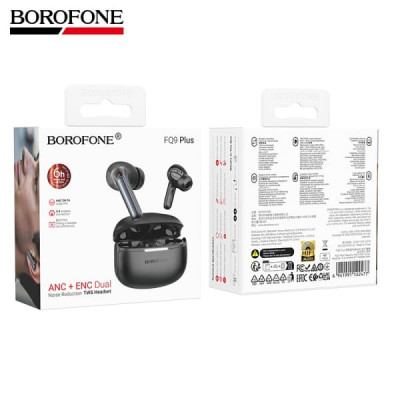 Гарнитура вакуумная Bluetooth BOROFONE FQ9 Plus ANC+ENC шумоподавление Black. Емкость батареи: чехол 300 мАч; наушники 35 мАч. Время работы: до 6 часов (ANC  до 5 часов). Материал: ABS; Размеры чехла: 61х50х28 мм; Вес: 44 г. Функции: ANC + ENC, Hall switc