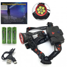 Фонарь налобный Lightess CT021-6+1-TG+6хXTE (3 режима+кейс, АКБ 3x18650 8800mAh, кабель Type-C для зарядки, IPX5)