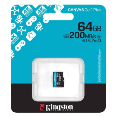 Карта памяти MicroSD Kingston Canvas Go Plus 64GB Class 10 A2 U3 V30  (200 Mb/s) без адаптера