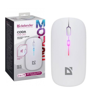 Мышь беспроводная DEFENDER Coda MB-261, 3 кнопки, 800-1600 dpi, Bluetooth, USB, белый. Емкость 300 мАч.