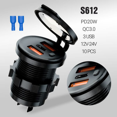 Разъем 2USB-USB-C в авто (врезные) 12V-24V Carlive CR1045 (Круглый) QC3.0+PD20W+QC3.0 (вкл/выкл)