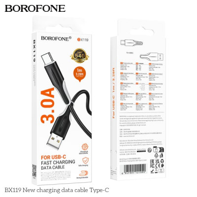 АКЦИЯ!!! Кабель Type-C BOROFONE BX119 1м, 3A, ПВХ, Black. Продается КРАТНО 30ШТ!!!
