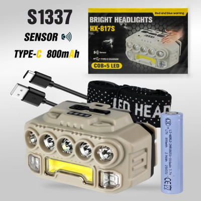 Фонарь налобный FA-HX817 5 режимов, COB+5LED, питание 1х18650 (в к-те), кабель Type-C