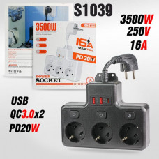 Сетевой фильтр RST02 3роз, 16А/3500W, PD20W с выкл., Black. Разъемы USB, iP, Type-C.