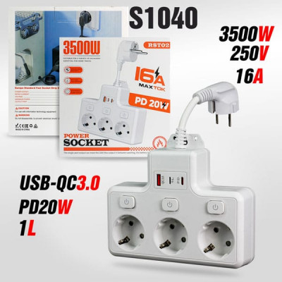 Сетевой фильтр RST02 3роз, 16А/3500W, PD20W с выкл., White. Разъемы USB, iP, Type-C.