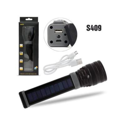 Фонарь ручной FA-W563 (с Power bank) cветодиодный, солнечная батарея, 3 режима, ZOOM, кабель для зарядки MicroUSB, разъем USB для зарядки устройств. 450 Люмен, далность 200м, акб 18650, IPX-4. Время работы при ярком режиме 3-4 часа, при среднем и мигающем