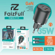 СЗУ-USB-USB-C (Type-C)-Lightning FaizFull FC150 1м, USB-A 35W+USB-C 35W Turbo Charge, силикон, Black