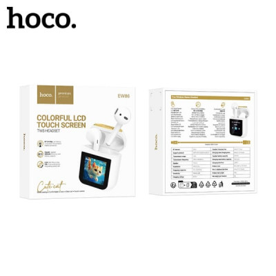 Гарнитура вкладыши Bluetooth HOCO EW86 Cat White. Емкость аккумулятора кейса: 300mAh, гарнитуры 25mAh. Время использования: 3.5 часа. Сенсорный экран показывает уровень заряда батареи гарнитуры и кейса. Можно управлять с экрана на кейсе.