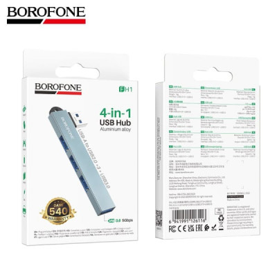 USB HUB 4 порта BOROFONE FH1 Metal Gray (USB to USB2.0х3+USB3.0). Скорость передачи: от 3,0 до 5 Гбит/ с, от 2,0 до 480 Мбит/с.