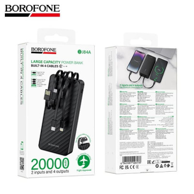 Внешний аккумулятор 20000 mAh Borofone BJ84A Black с 4мя кабелями. Два входа: USB-C/USB-A кабель: 5V/2A. 4 выхода: USB-A: 5V/2A+ кабелиMicro USB/USB-C/IP: 5V/2A. LED-индикатор зарядки.