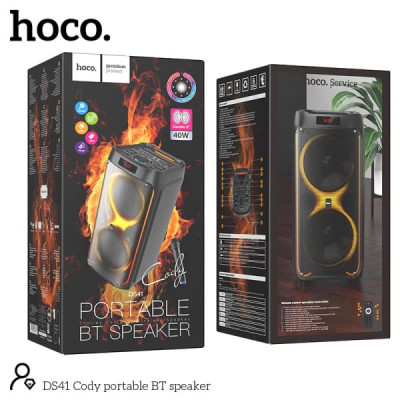 Активная напольная колонка HOCO DS41( RGB, USB/TF, AUX, микрофон, пульт) Black. Номинальная мощность 40 Вт.Размер 600х290х290 мм Емкость аккумулятора 4 400 мАч. Время работы от аккумулятора 3 ч. Питание от сети и аккумулятора. Дополнительные возможности: 