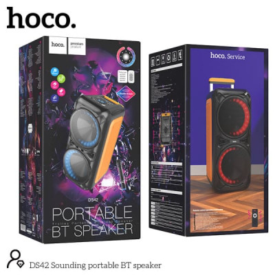 Активная напольная колонка HOCO DS42 Black-Orange ( RGB, USB/TF, AUX, микрофон, пульт). Номинальная мощность 30 Вт. 2 динамика. Емкость аккумулятора 3 600 мАч. Время работы от аккумулятора 3 ч. Питание от сети и аккумулятора. Дополнительные возможности: р