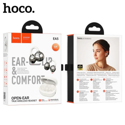 Гарнитура с открытой конструкцией (клипса) Bluetooth Hoco EA5 White. Емкость батареи: зарядный чехол 300mAh; гарнитура 35mAh. Время работы: 6ч. Время зарядки 1,5 часа. Открытая конструкция ушной клипсы, удобно носить. Переключение ведущий-ведомый, вызов S