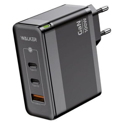 СЗУ-USB-2USB-C WALKER WH-47 GaN, 3.25А, 100Вт, поддержка QC+PD, Black. USB 18+USB-C 35W+USB-C 65W