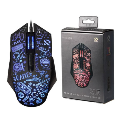 Мышь проводная Smartbuy RUSH X15 игровая, черный. 6кн., DPI 1200/1800/2400/3600, беззвучные кнопки, переливающаяся подсветка (6цв), кабель 1,5 м, 125х74х40мм.