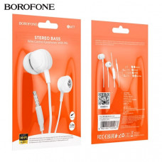 АКЦИЯ!!! Гарнитура вакуумная BOROFONE BM77 White пластик, микрофон, кнопка ответа, 1.2 м. Продается КРАТНО 30 шт!!!