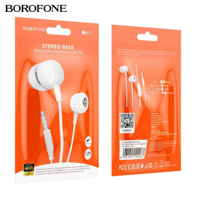 АКЦИЯ!!! Гарнитура вакуумная BOROFONE BM77 White пластик, микрофон, кнопка ответа, 1.2 м. Продается КРАТНО 30 шт!!!