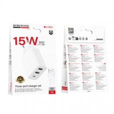 СЗУ-2USB-USB-C Lightning BOROFONE BA105A 1м, White. USB-C15W 5V/3A, USB-A1/A2 12W 5V/2.4A.