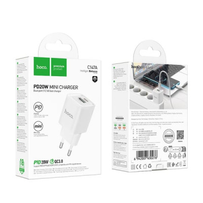 СЗУ-USB-USB-C HOCO C147A PD20W+QC3.0 18W, White