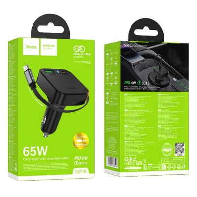 АЗУ-USB-USB-C с выдвижным кабелем Type-C 30W HOCO NZ18 USB-C 35W+ USB-A 18W, QC3.0,длина выдвижного кабеля 65см, Black