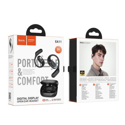 Гарнитура Bluetooth Hoco EA11 Black с открытой конструкцией. Ёмкость аккумулятора: кейс для зарядки 500 мАч; гарнитура 60 мАч. Время работы: 8 часов. Материал: АБС-пластик; Размеры: 80,5х67,5х27мм; Общий вес:81 г. Поддержка датчика Холла и цифрового индик