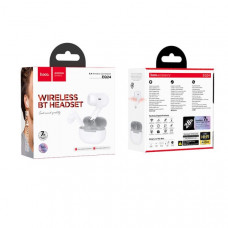Гарнитура вакуумная Bluetooth HOCO EQ24 White star. Ёмкость аккумулятора: зарядное устройство 320 мАч; наушники 40 мАч. Время работы: 7 часов. Материал: АБС-пластик; Размеры: 61х48х27 мм; Общий вес: 46,5 г. Поддержка режима ведущий-ведомый и вызова Siri.