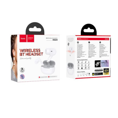 Гарнитура вакуумная Bluetooth HOCO EQ24 White star. Ёмкость аккумулятора: зарядное устройство 320 мАч; наушники 40 мАч. Время работы: 7 часов. Материал: АБС-пластик; Размеры: 61х48х27 мм; Общий вес: 46,5 г. Поддержка режима ведущий-ведомый и вызова Siri.