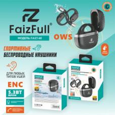 Гарнитура вкладыши Bluetooth FaizFull FAIZ 148 OWS (открытая конструкция) с голосовым шумоподавлением ENC Black. IPX5. Емкость аккумулятора кейса 400 мАч, наушников 40 мАч. Время зарядки 2 часа. Время разговора 6ч. Время прослушивания 6ч. Время в режиме о