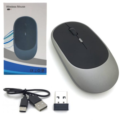 Мышь беспроводная WM Grey/Black. Кабель для зарядки Type-C в к-те. Бесшумная. Bluetooth, 2.4ГГц, дальность передачи 8-10м. DPI 800/1200/1600. Оптическая технология красного цвета, точное позиционирование.