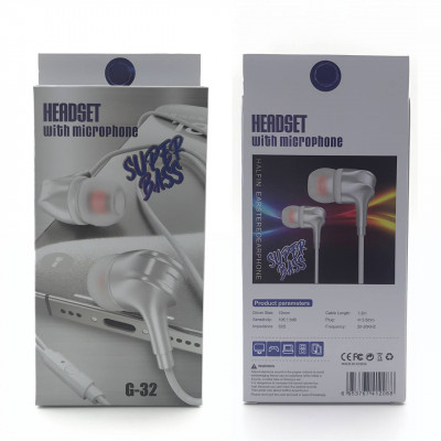 Гарнитура вакуумная Super Bass G-32 White. Кабель 1,2м.