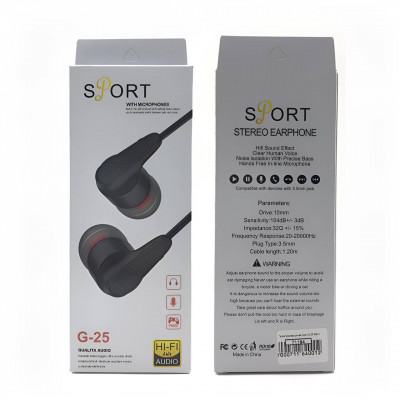 Гарнитура вакуумная Sport G-25 Black, кабель 1.2м