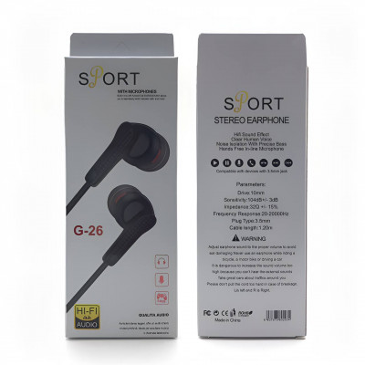 Гарнитура вакуумная Sport G-26 Black, кабель 1.2м