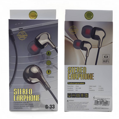 Гарнитура вакуумная Stereo Earphone G-33 Black, кабель 1.2м.