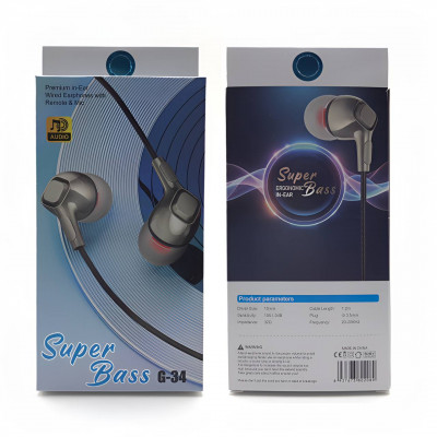Гарнитура вакуумная Super Bass G-34 Black, кабель 1.2м