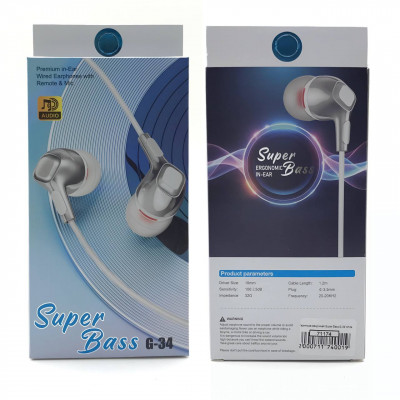 Гарнитура вакуумная Super Bass G-34 White, кабель 1.2м