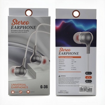 Гарнитура вакуумная Stereo Earphone G-36 White, кабель 1.2м
