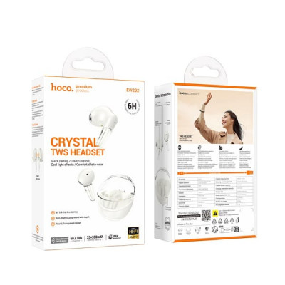 Гарнитура вкладыши Bluetooth Hoco EW202 Milky White. Емкость аккумулятора: кейс 350mAh, наушник 35mAh. Время работы: 6 часов. Материал: ABS. Размер: 54.5х51х26мм. Поддерживает переключение между ведущими и ведомыми устройствами, включение и выключение пес