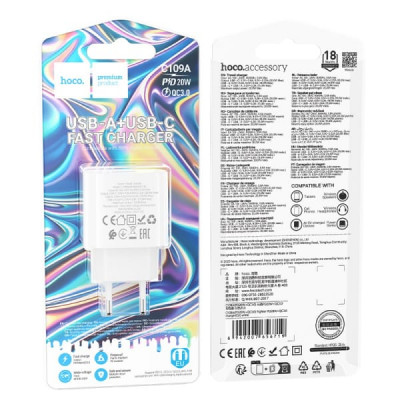 СЗУ-USB-USB-C HOCO C109A PD20W+QC3.0 18W, White