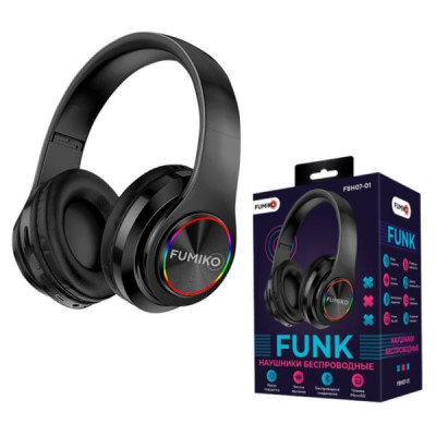 Гарнитура беспроводная полноразмерная Bluetooth FUMIKO FUNK, Black. Время работы при разговоре 5 часов. Время зарядки до 2 часов. Емкость аккумулятора 400мАч. Дистанция работы до 10м. Диаметр динамика 40мм.