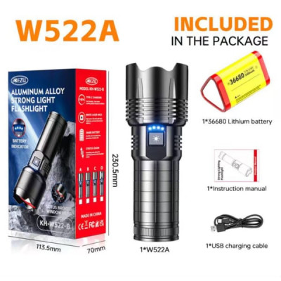 Фонарь ручной Kezu KH-W522-A. ZOOM. Аккумулятор 36680. LED белый (лазер), кабель Type-C. Индикатор заряда батареи. Стеклобой.