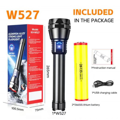Фонарь ручной Kezu KH-W527. ZOOM. Аккумулятор 26135. LED белый (лазер), кабель Type-C. Индикатор заряда батареи. Стеклобой.