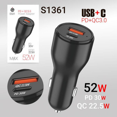 АЗУ-USB-USB-C Deespi ES31 PD30W+QC3.0 22.5W, 52W(MAX) Black