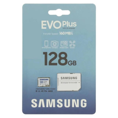 Карта памяти MicroSD Samsung 128GB Class 10 Evo Plus A2 V30 UHS-I  (R/W  90/160 MB/s) + SD адаптер
